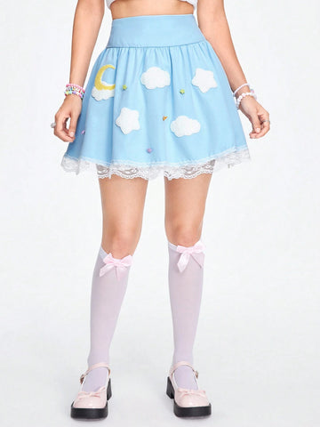 ROMWE Kawaii Women Casual Lace Patchwork Moon Cloud Printed Skirt For Summer