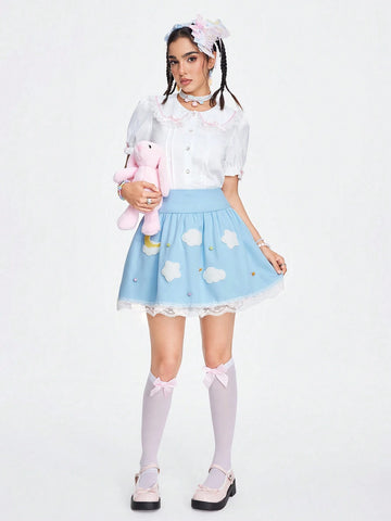 ROMWE Kawaii Women Casual Lace Patchwork Moon Cloud Printed Skirt For Summer