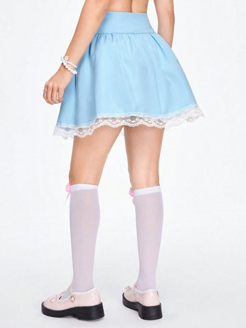 ROMWE Kawaii Women Casual Lace Patchwork Moon Cloud Printed Skirt For Summer