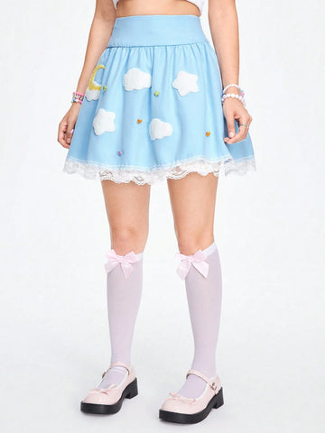 ROMWE Kawaii Women Casual Lace Patchwork Moon Cloud Printed Skirt For Summer