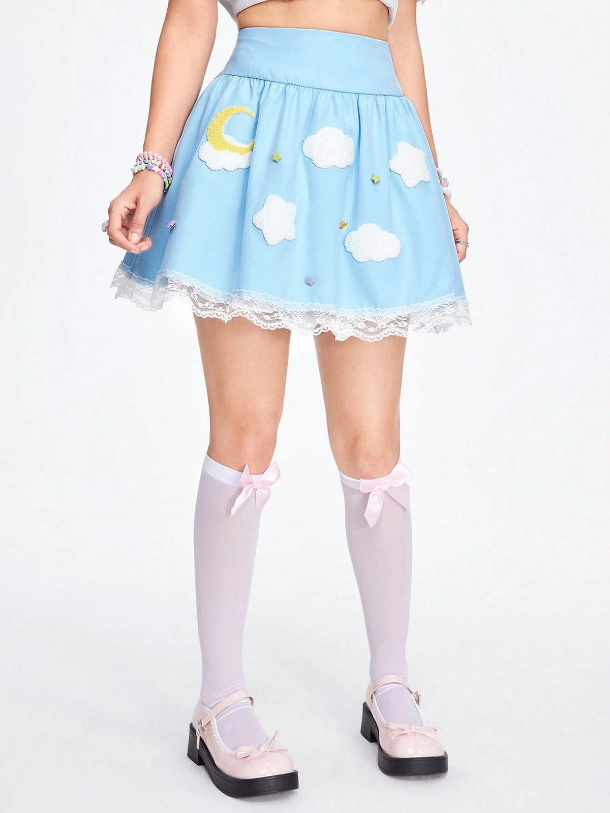 ROMWE Kawaii Women Casual Lace Patchwork Moon Cloud Printed Skirt For Summer