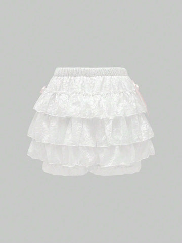 ROMWE Kawaii Women Lace Floral Ribbon Bowknot Rose Cake Layer Kawaii Shorts