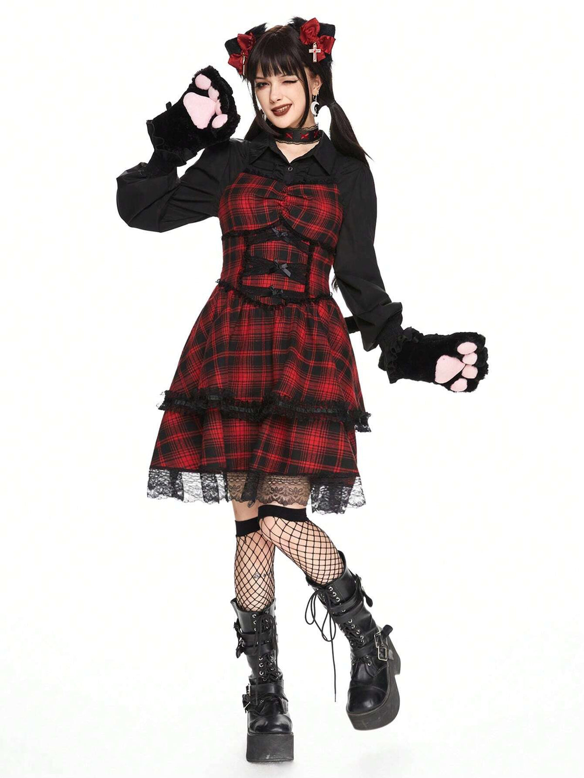 ROMWE Kawaii Women Plaid Dark Cats Lolita Ribbon Bow Decor Short Dress