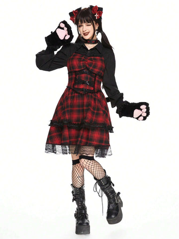 ROMWE Kawaii Women Plaid Dark Cats Lolita Ribbon Bow Decor Short Dress