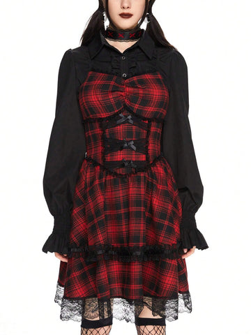 ROMWE Kawaii Women Plaid Dark Cats Lolita Ribbon Bow Decor Short Dress