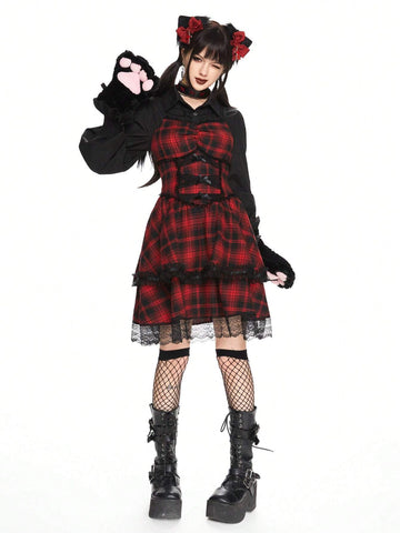 ROMWE Kawaii Women Plaid Dark Cats Lolita Ribbon Bow Decor Short Dress