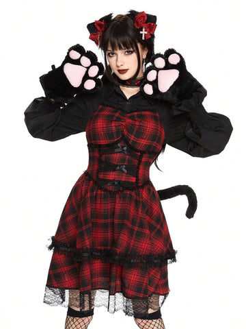 ROMWE Kawaii Women Plaid Dark Cats Lolita Ribbon Bow Decor Short Dress