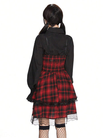 ROMWE Kawaii Women Plaid Dark Cats Lolita Ribbon Bow Decor Short Dress