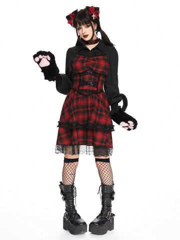 ROMWE Kawaii Women Plaid Dark Cats Lolita Ribbon Bow Decor Short Dress