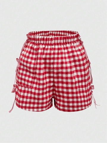 ROMWE Kawaii Women Summer Casual Plaid Shorts With Bow Decoration