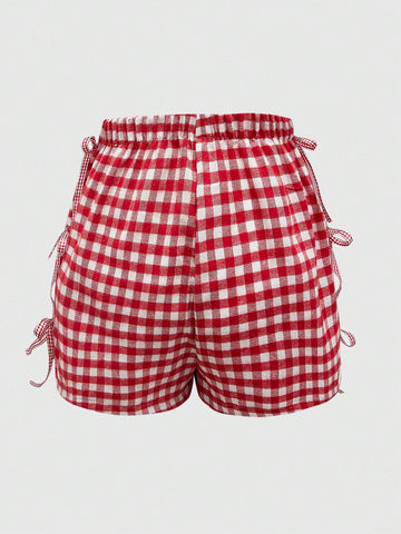 ROMWE Kawaii Women Summer Casual Plaid Shorts With Bow Decoration