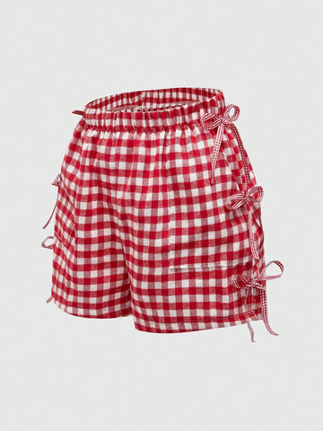 ROMWE Kawaii Women Summer Casual Plaid Shorts With Bow Decoration