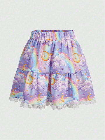 ROMWE Kawaii Women's Fashionable Princess Style Sweet Colorful Rainbow Cake Skirt