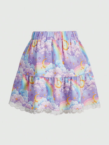 ROMWE Kawaii Women's Fashionable Princess Style Sweet Colorful Rainbow Cake Skirt