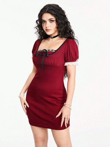 ROMWE Kawaii Women's Knitted Heart Jacquard Contrast Color Sexy Ribbon Bow Bodycon Dress