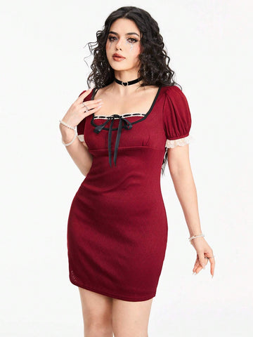 ROMWE Kawaii Women's Knitted Heart Jacquard Contrast Color Sexy Ribbon Bow Bodycon Dress