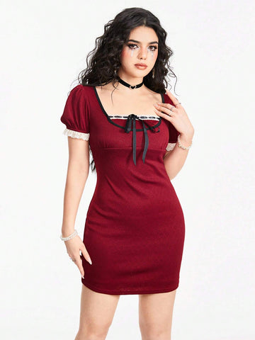 ROMWE Kawaii Women's Knitted Heart Jacquard Contrast Color Sexy Ribbon Bow Bodycon Dress