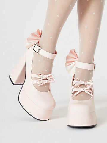 Kawaii Women's Pink Closed-Toe Chunky Heel Mary Jane Shoes With Bowknot Strap And Platform