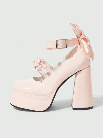 Kawaii Women's Pink Closed-Toe Chunky Heel Mary Jane Shoes With Bowknot Strap And Platform