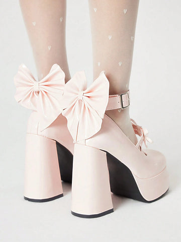 Kawaii Women's Pink Closed-Toe Chunky Heel Mary Jane Shoes With Bowknot Strap And Platform