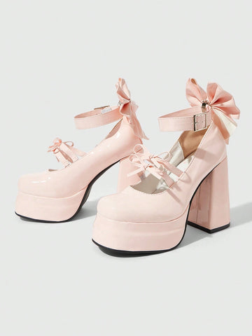 Kawaii Women's Pink Closed-Toe Chunky Heel Mary Jane Shoes With Bowknot Strap And Platform