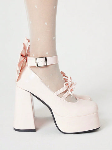 Kawaii Women's Pink Closed-Toe Chunky Heel Mary Jane Shoes With Bowknot Strap And Platform