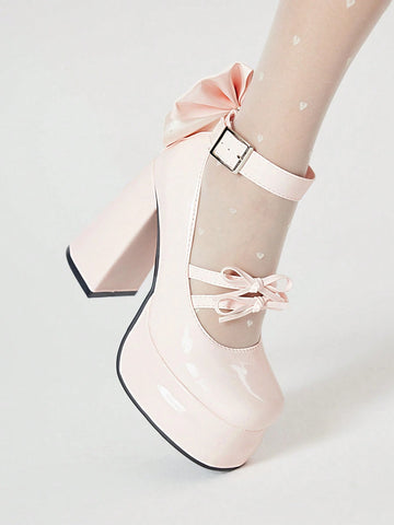 Kawaii Women's Pink Closed-Toe Chunky Heel Mary Jane Shoes With Bowknot Strap And Platform