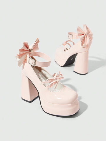 Kawaii Women's Pink Closed-Toe Chunky Heel Mary Jane Shoes With Bowknot Strap And Platform