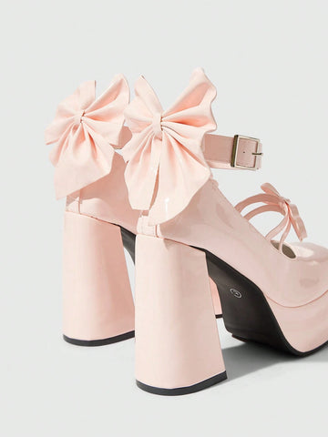 Kawaii Women's Pink Closed-Toe Chunky Heel Mary Jane Shoes With Bowknot Strap And Platform