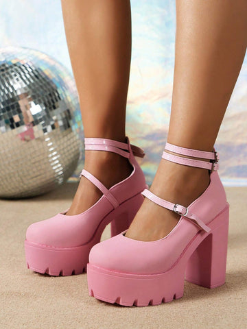 Women's Pink Closed Toe Chunky Heel High Heels With Ankle Strap