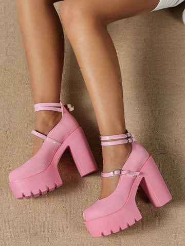 Women's Pink Closed Toe Chunky Heel High Heels With Ankle Strap