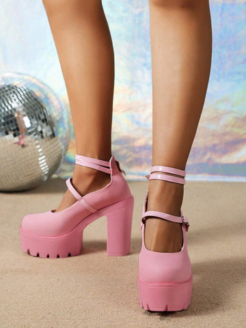 Women's Pink Closed Toe Chunky Heel High Heels With Ankle Strap