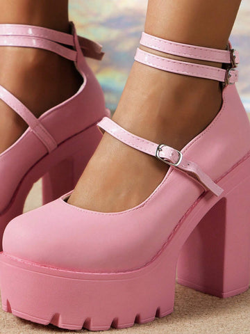 Women's Pink Closed Toe Chunky Heel High Heels With Ankle Strap