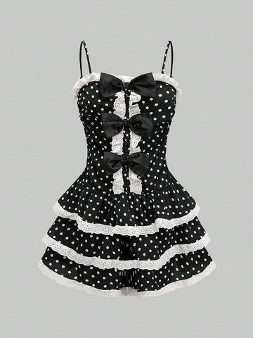 ROMWE Kawaii Women's Polka Dot Printed Bow Decor Camisole Cake Style Princess Mini Skirt
