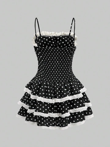 ROMWE Kawaii Women's Polka Dot Printed Bow Decor Camisole Cake Style Princess Mini Skirt