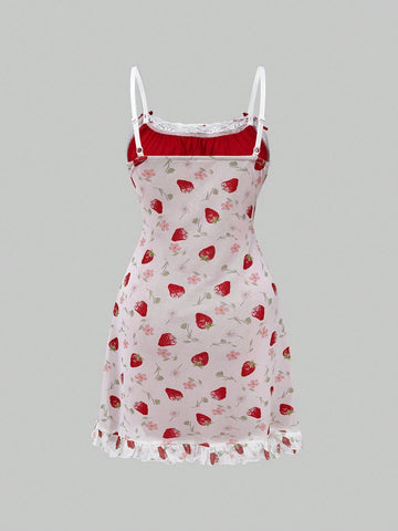 ROMWE Kawaii Women's Summer Casual Strawberry Floral Sling Mini Dress