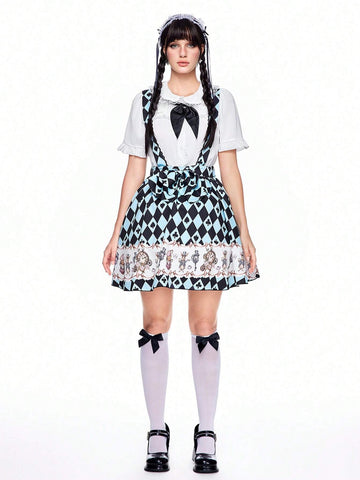 ROMWE Kawaii Women's Summer Geometric Print Waist Splice Ruffle Hem Sling Mini Dress