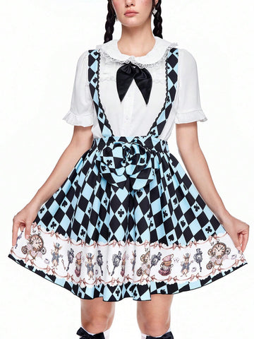 ROMWE Kawaii Women's Summer Geometric Print Waist Splice Ruffle Hem Sling Mini Dress