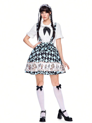 ROMWE Kawaii Women's Summer Geometric Print Waist Splice Ruffle Hem Sling Mini Dress