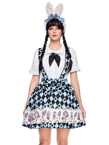 ROMWE Kawaii Women's Summer Geometric Print Waist Splice Ruffle Hem Sling Mini Dress