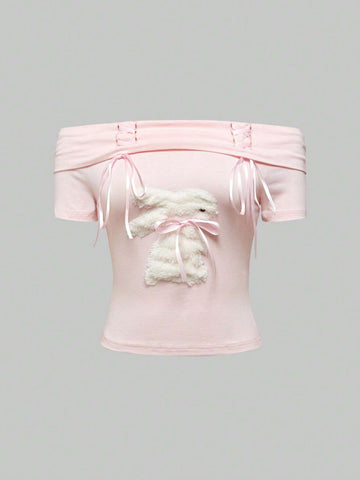 ROMWE Kawaii Women's Summer Off-Shoulder Rabbit & Bowknot Towel Embroidery Short Sleeve T-Shirt