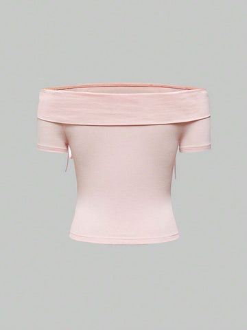 ROMWE Kawaii Women's Summer Off-Shoulder Rabbit & Bowknot Towel Embroidery Short Sleeve T-Shirt