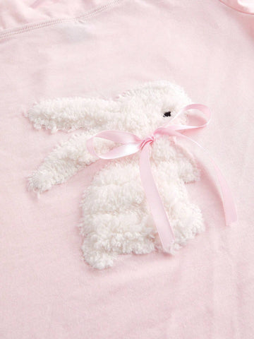 ROMWE Kawaii Women's Summer Off-Shoulder Rabbit & Bowknot Towel Embroidery Short Sleeve T-Shirt