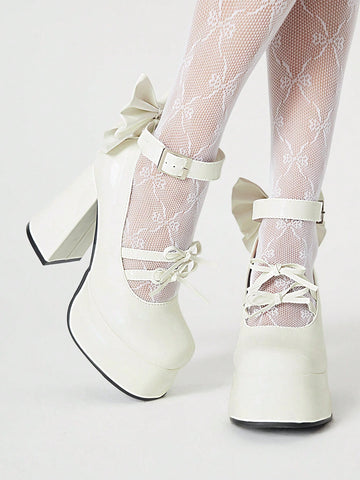 Kawaii Women's White High Heel Closed Toe Chunky Heel Mary Jane Small Leather Shoes With Strap