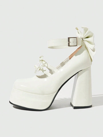 Kawaii Women's White High Heel Closed Toe Chunky Heel Mary Jane Small Leather Shoes With Strap