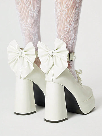 Kawaii Women's White High Heel Closed Toe Chunky Heel Mary Jane Small Leather Shoes With Strap