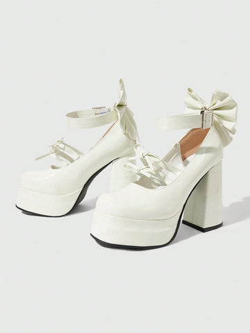 Kawaii Women's White High Heel Closed Toe Chunky Heel Mary Jane Small Leather Shoes With Strap