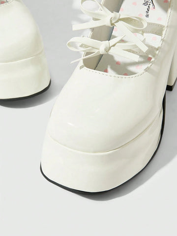 Kawaii Women's White High Heel Closed Toe Chunky Heel Mary Jane Small Leather Shoes With Strap