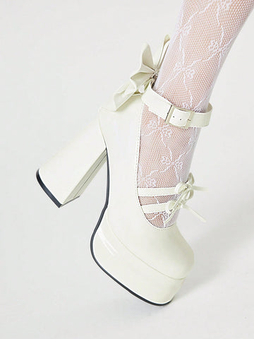 Kawaii Women's White High Heel Closed Toe Chunky Heel Mary Jane Small Leather Shoes With Strap