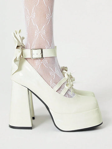 Kawaii Women's White High Heel Closed Toe Chunky Heel Mary Jane Small Leather Shoes With Strap